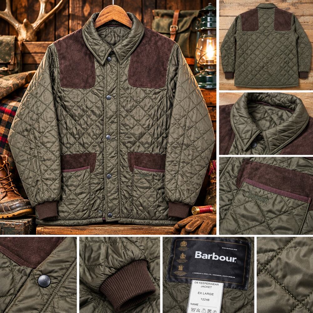 Vintage Barbour D8 Keeperwear Quilted Hunting Jacket Mens XL Leather Trim 2004